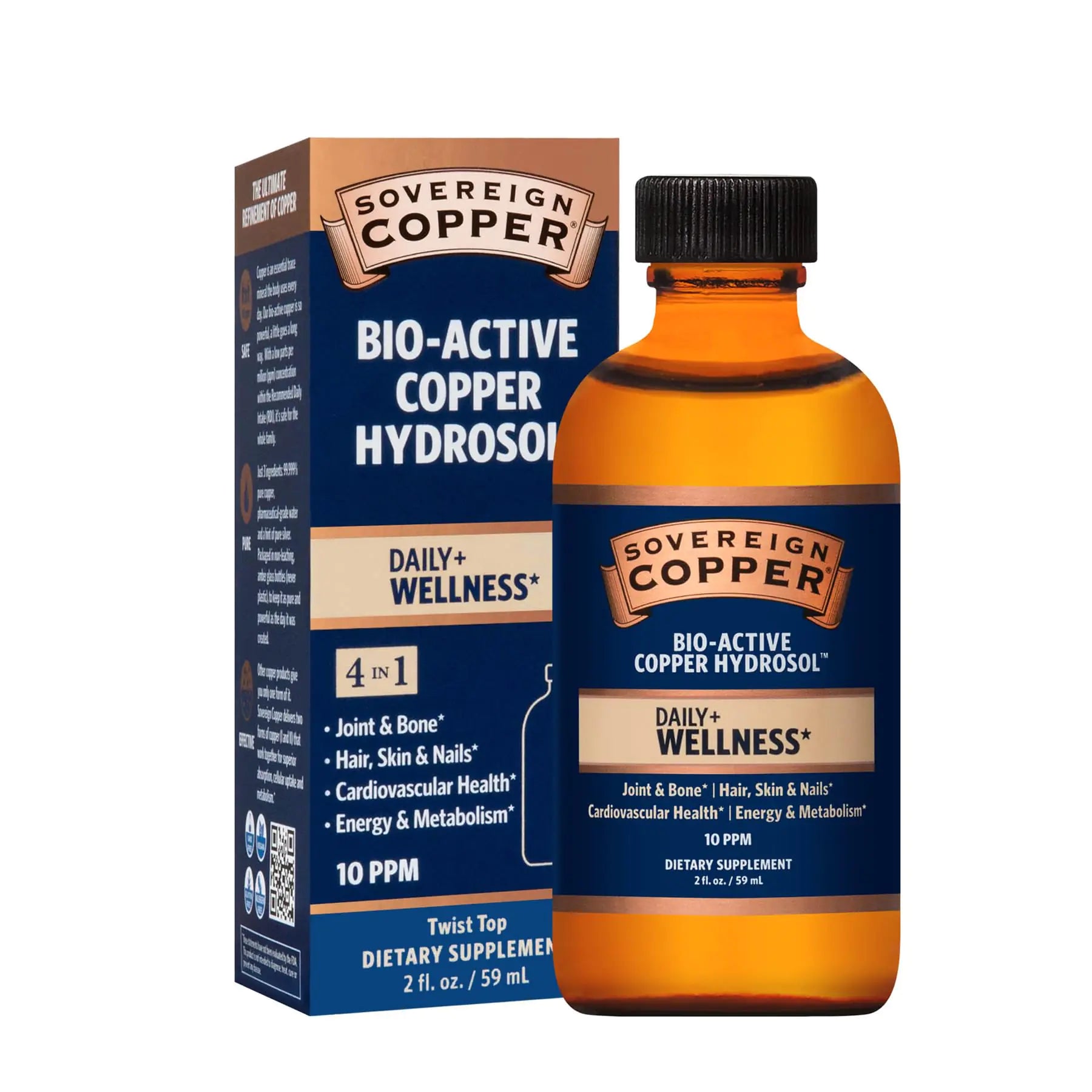 Sovereign Copper Bio-Active Copper Hydrosol Daily+ 4-in-1 Wellness Supplement for Joint and Bone* Hair Skin and Nails* Cardiovascular Health* and Energy and Metabolism Support* 2oz
