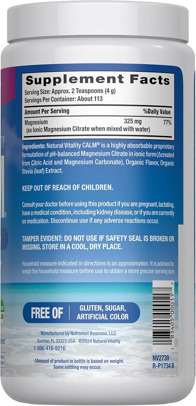 Natural Vitality Calm, Magnesium Citrate Supplement, Anti-Stress Drink Mix Powder, Gluten Free, Vegan, & Non-GMO, Raspberry Lemon, 16 oz