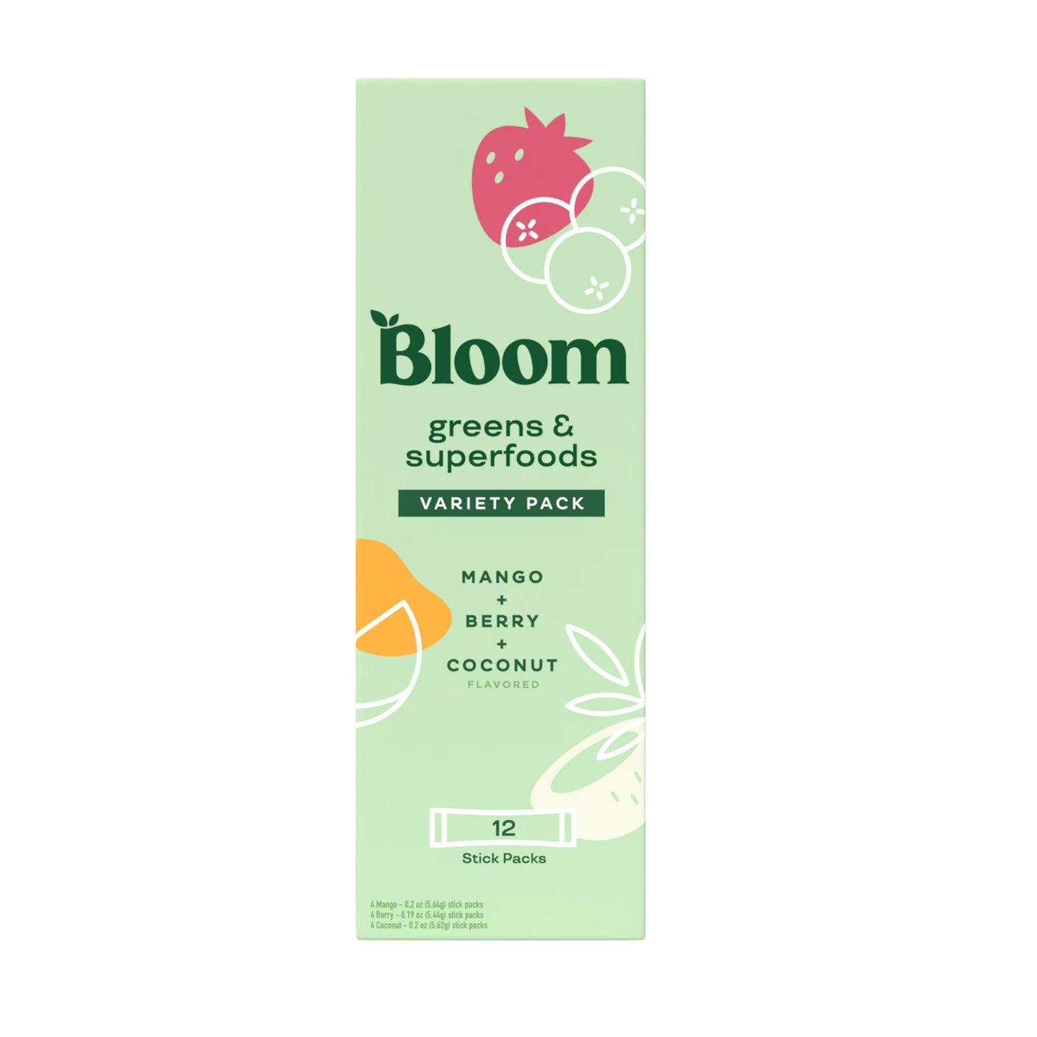 Bloom Nutrition Greens & Superfoods Powder Sticks, for Gut Health, Mango, Berry, and Coconut Flavor, 12 Count