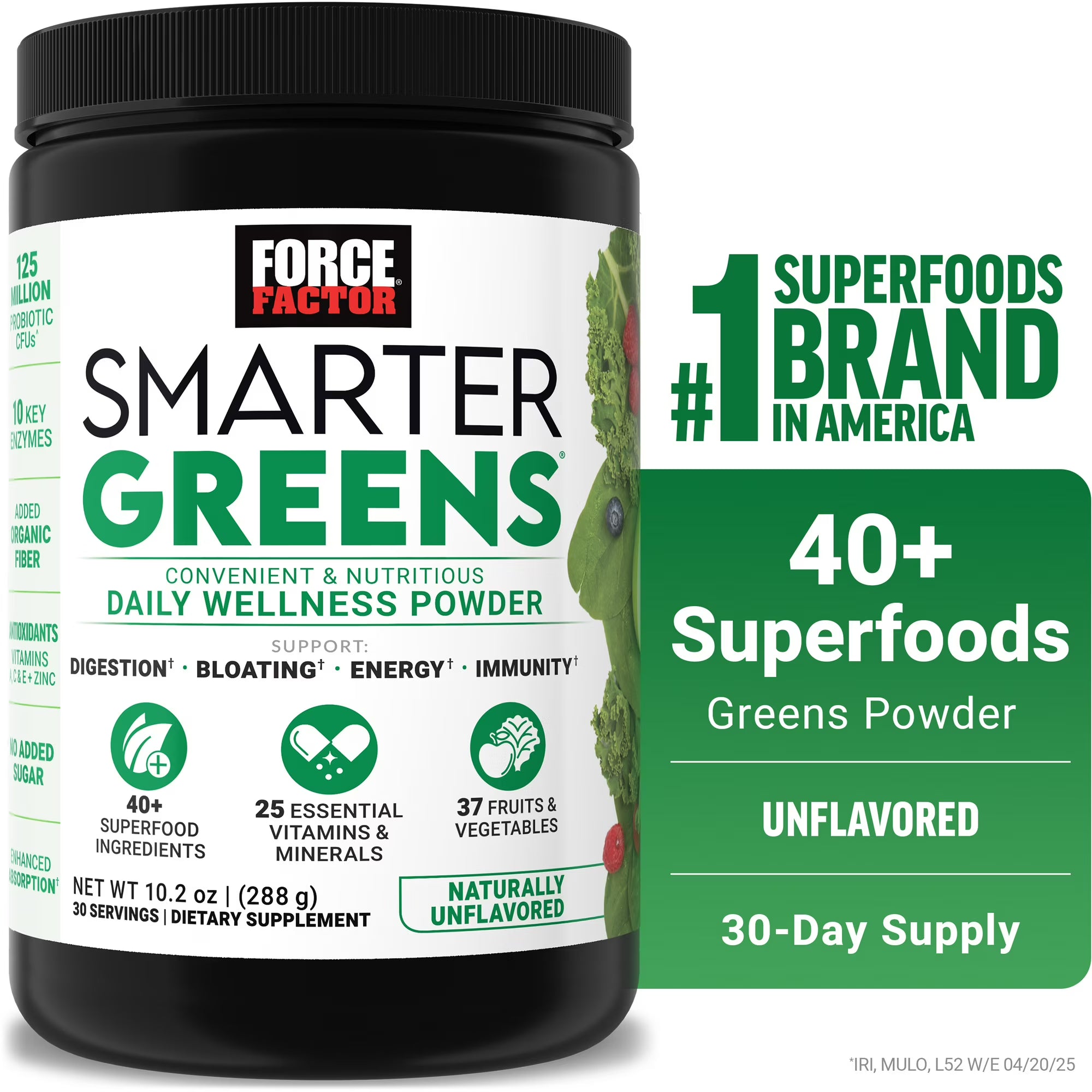 Force Factor Smarter Greens Daily Wellness Greens Powder for Gut Health and Energy, 30 Servings