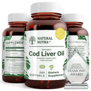 Natural Nutra Norwegian Cod Liver Oil Supplement Helps to Maintain Skin Body Density and Eye Health Promotes Dental Health and Supports Cardiovascular Health 250 Softgels